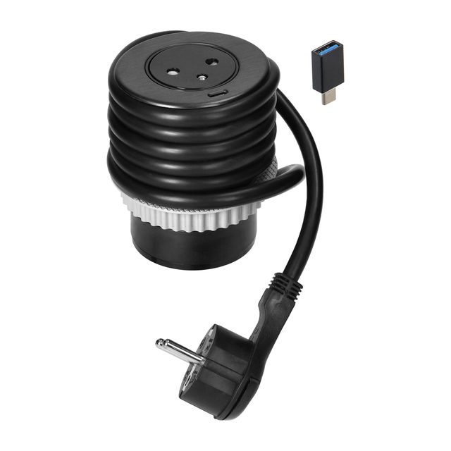 Gniazdo wpuszczane w blat okrągłe 1x230V + ładowarka USB C - czarny