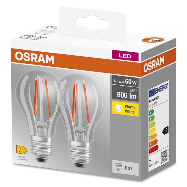 Żarówka LED BASE CLASSIC A Filament 6.5W 827 Clear E27 - dwupak