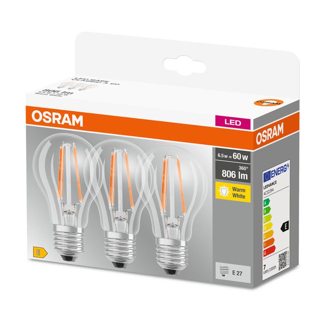 Żarówka LED BASE CLASSIC A Filament 6.5W 827 Clear E27 - trójpak