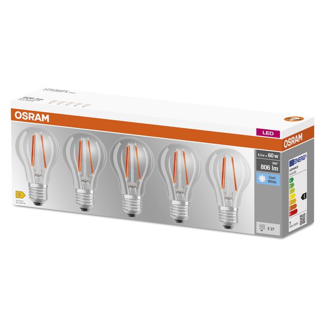 Żarówka LED BASE CLASSIC A 6.5W 840 Clear E27 - pięciopak