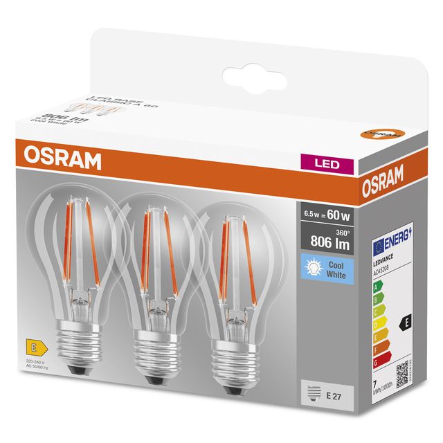 Żarówka LED BASE CLASSIC A Filament 6.5W 840 Clear E27 - trójpak
