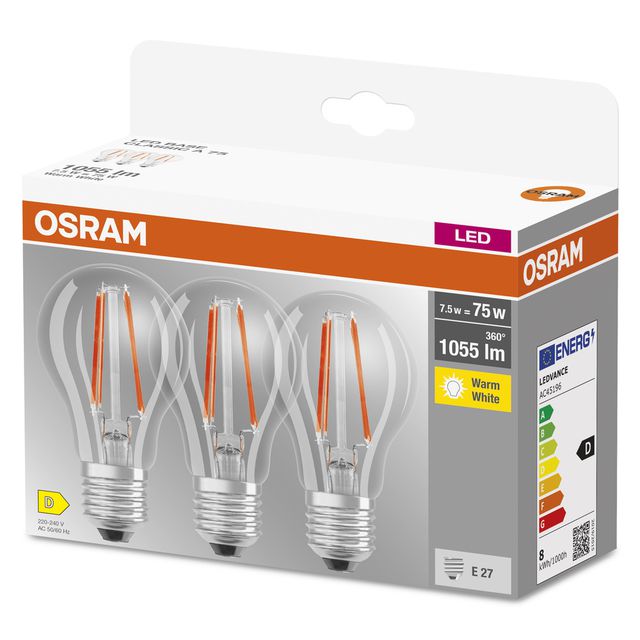 Żarówka LED BASE CLASSIC A Filament 7.5W 827 Clear E27 - trójpak