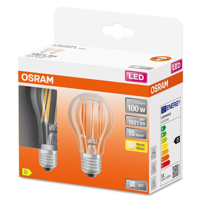 Żarówka LED Retrofit CLASSIC A 11W 827 Clear E27 - dwupak