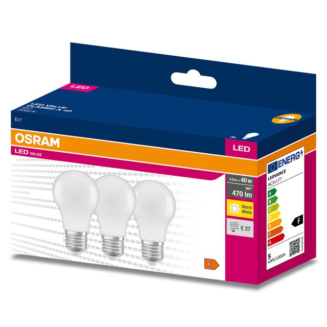 Żarówka LED VALUE CLASSIC A 40  4.9W/3000K E27 - trójpak