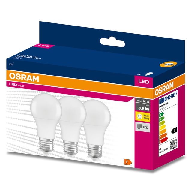 Żarówka LED VALUE CLASSIC A 60  8.5W/3000K E27 - trójpak