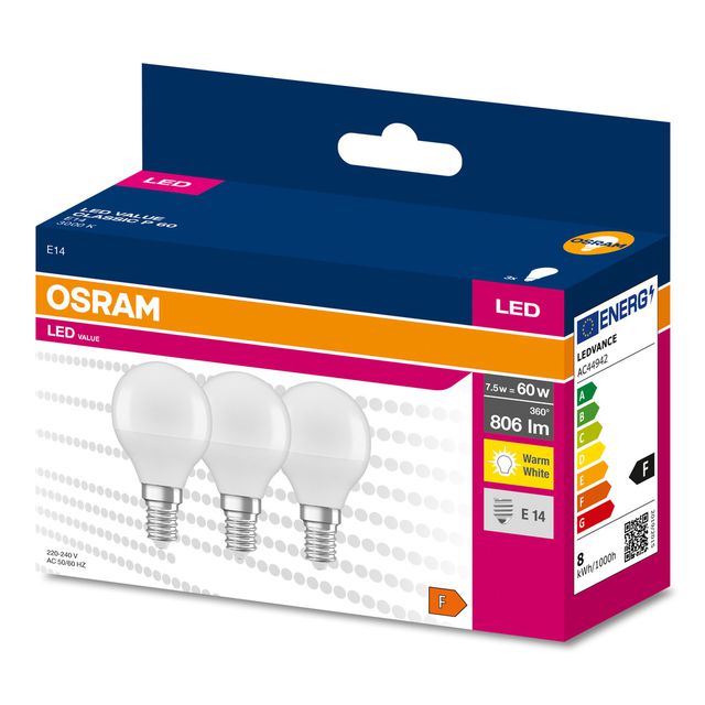 Żarówka LED VALUE CLASSIC P 60  7.5W/3000K E14 - trójpak