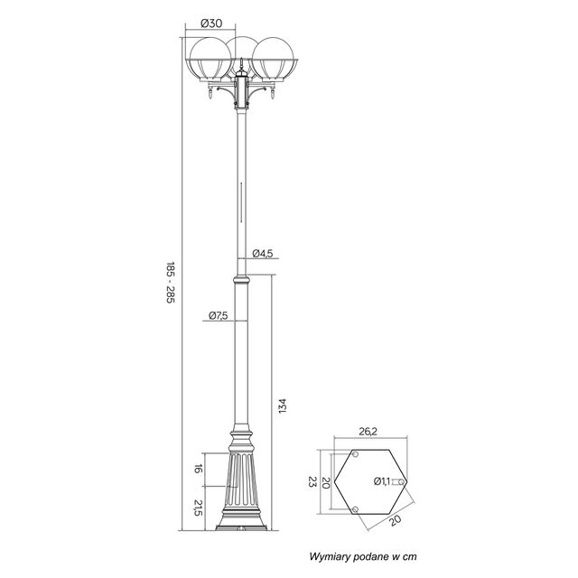 Lampa parkowa z masztem latarnia KULE 25cm z KOSZYKIEM max 2,85m 3xE27 IP43