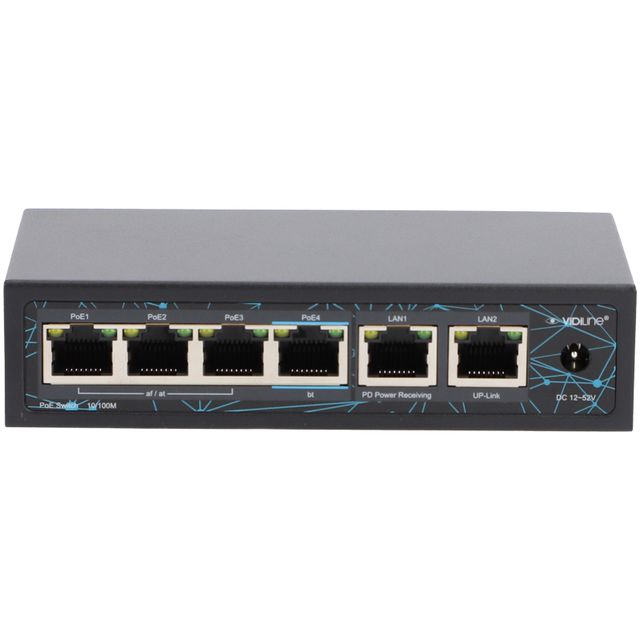 Switch 4x PoE 100Mb/s 2x RJ45 Uplink 100Mb/s 60W z funkcją extendera PoE VIDI-F0420F-EXT