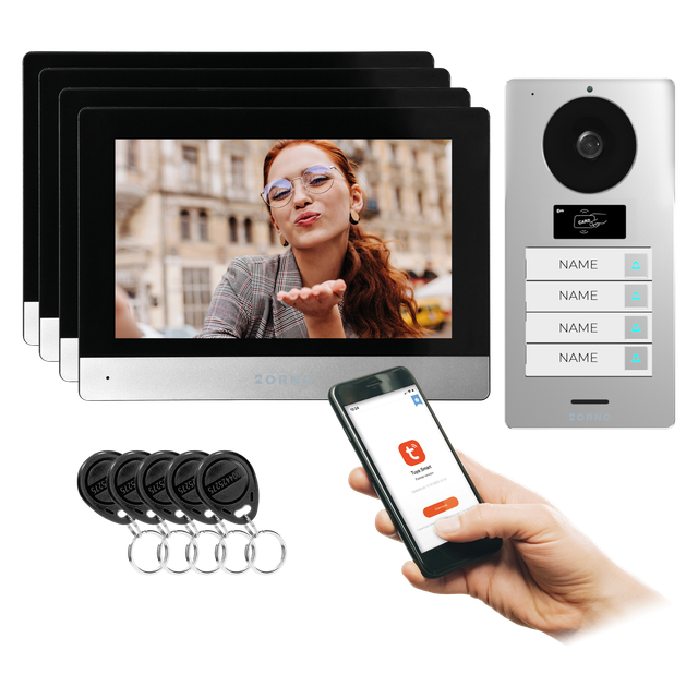 Wideodomofon 4-rodzinny, 2-żyłowy IP z pamięcią 8'' GAYD MULTI4 FULL HD, szyfrator, RFID, Wi-Fi - Tuya