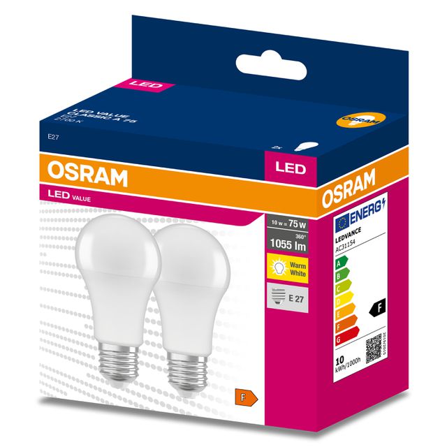 Żarówki LED VALUE Classic E27 10W 105lm/W 2700K ciepła 2 sztuki w opakowaniu