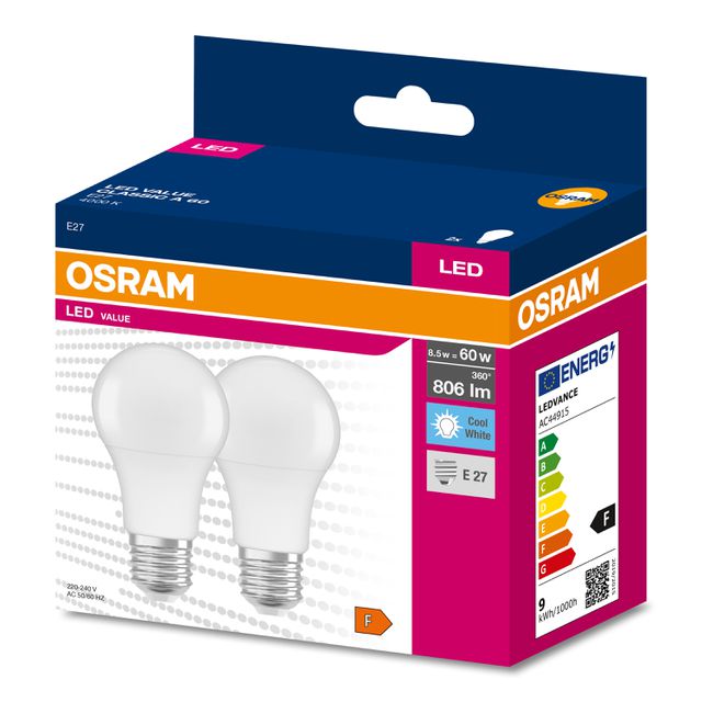 Żarówki LED VALUE Classic E27 8,5W 94lm/W 4000K neutralna 2 sztuki w opakowaniu
