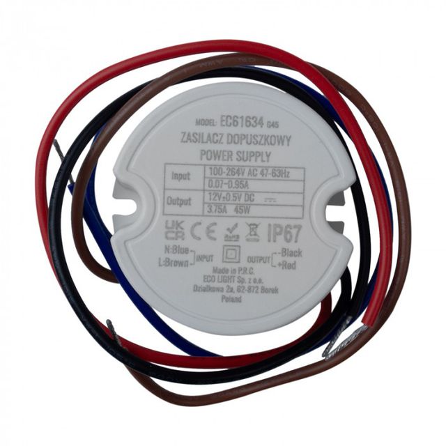 Zasilacz napięciowy hermetyczny do puszki 60mm 45W 12V IP67