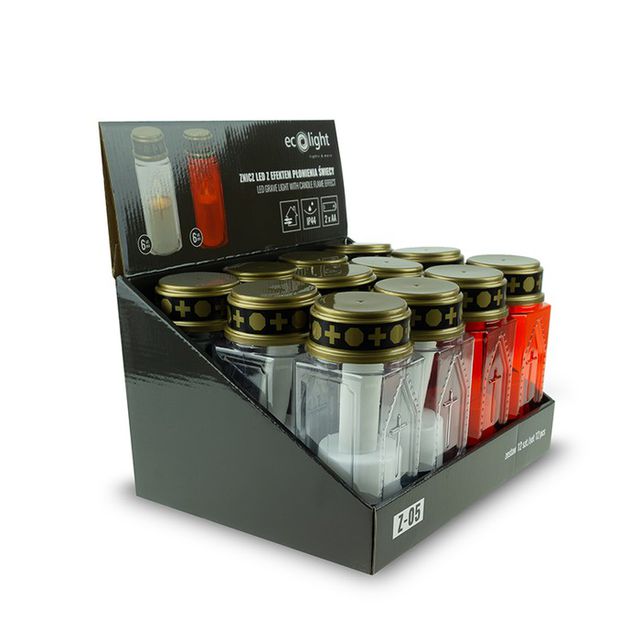 Znicz z krzyżem LED 18cm do 30 dni świecenia 2xAA - stand 12szt