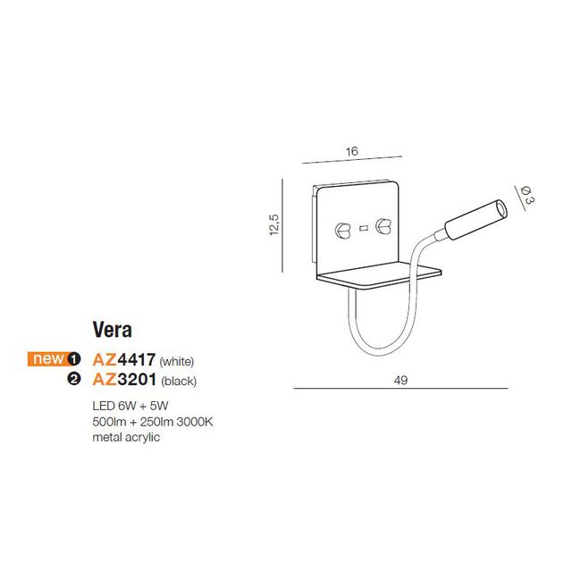 Kinkiet półka + USB VERA LED 6W+3W 3000K - biały