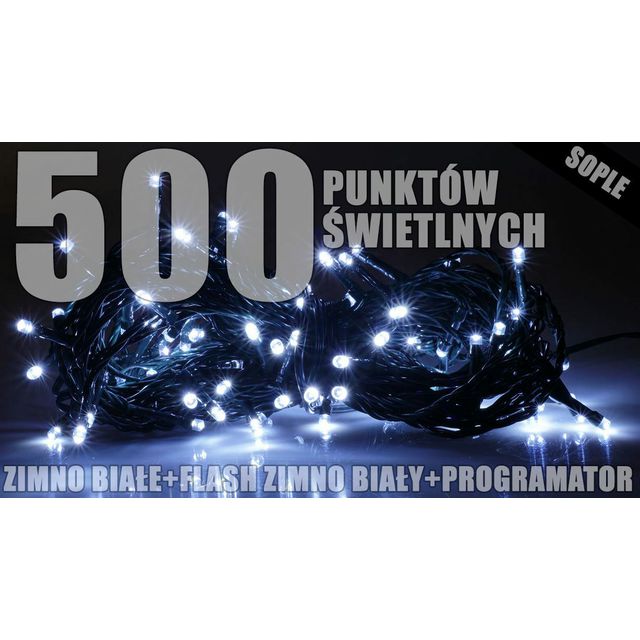 Lampki świąteczne zewnętrzne 500LED SOPLE 20m x0,5m zimne migające