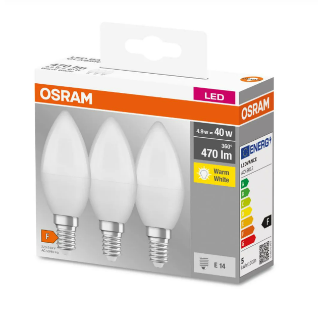 OSRAM Żarówki świecowe Osram LED BASE 4,9W E14 komplet 3szt. matowe ciepłe