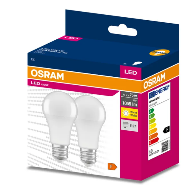Żarówki LED VALUE Classic E27 10W 105lm/W 2700K ciepła 2 sztuki w opakowaniu
