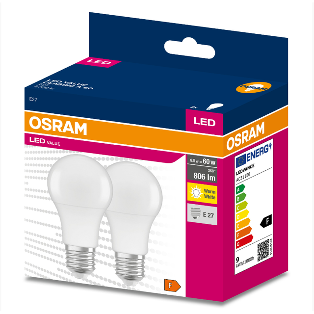 Żarówki LED VALUE Classic E27 8,5W 94lm/W 2700K ciepła 2 sztuki w opakowaniu